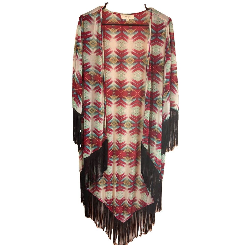 Umgee Women’s Kimono Duster  Open Front Fringe Boho Southwestern Size Large